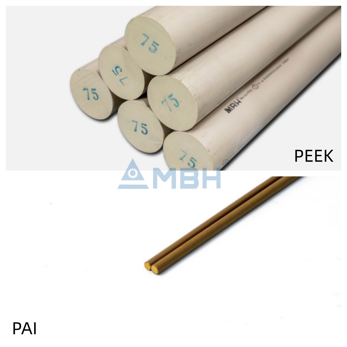 PEEK rod (top) vs Torlon PAI rod (bottom) — material comparison